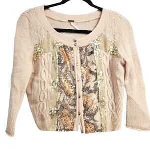 FREE PEOPLE Peach wool blend lace/sequin cardigan. Size XS